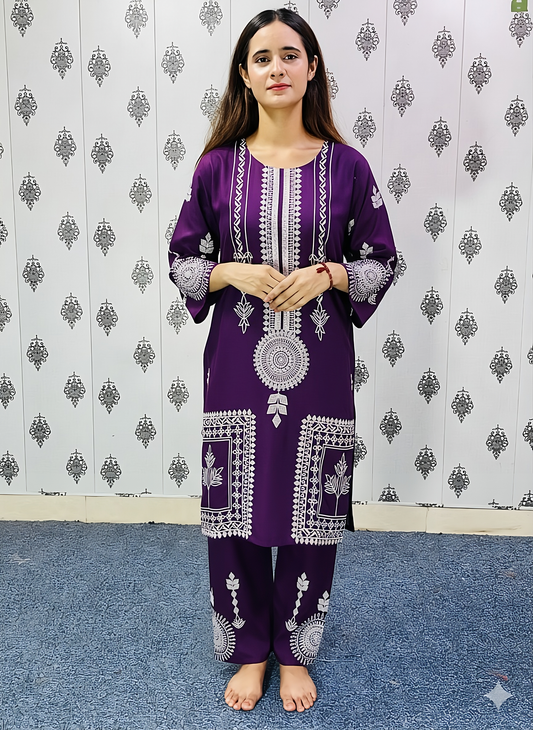 Viral Block Print Purple 2Pc-Linen
